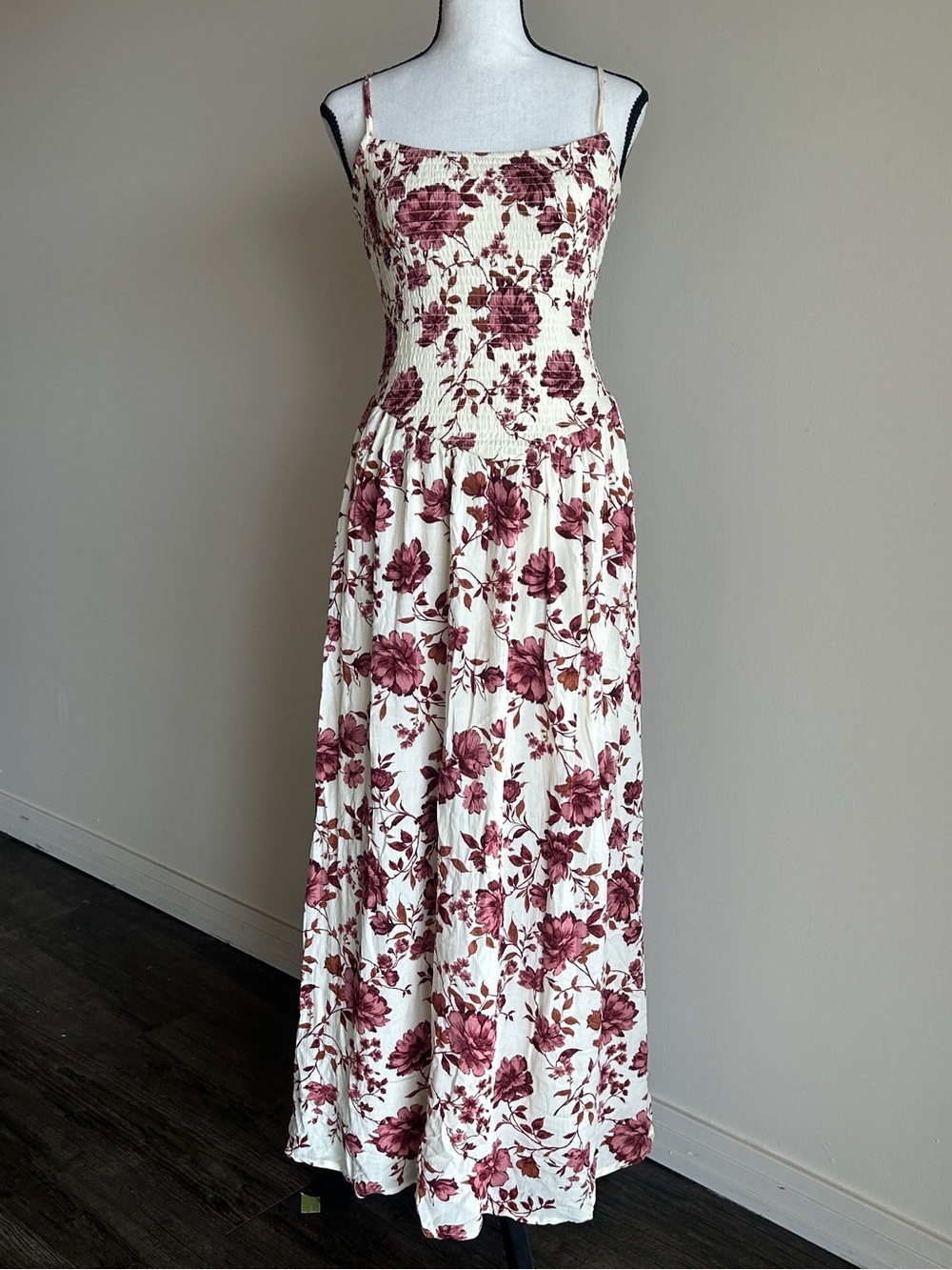 Thirty Thirty Floral Smocked Maxi Dress in Cream and Burgundy Small